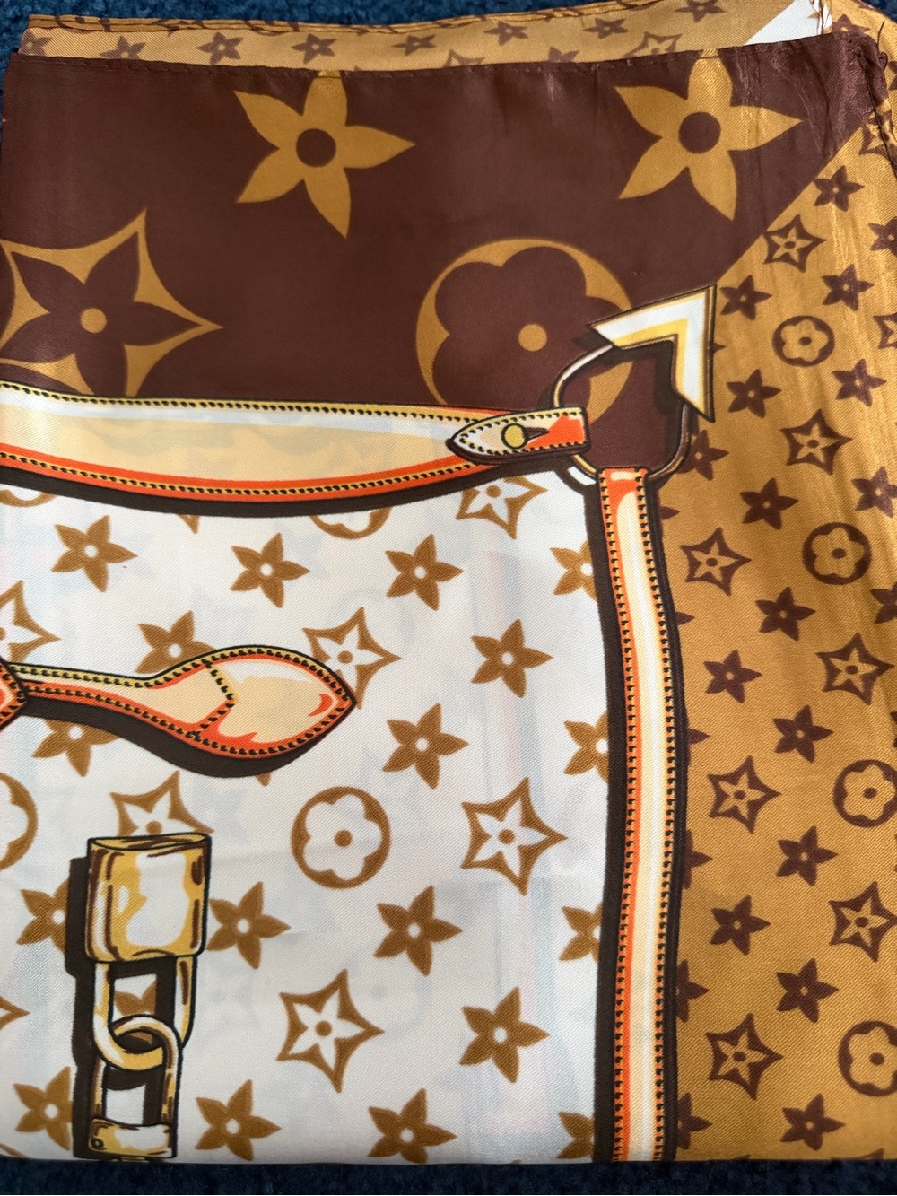 Designer Inspired Brown and Tan Monogram Print Silk Scarf